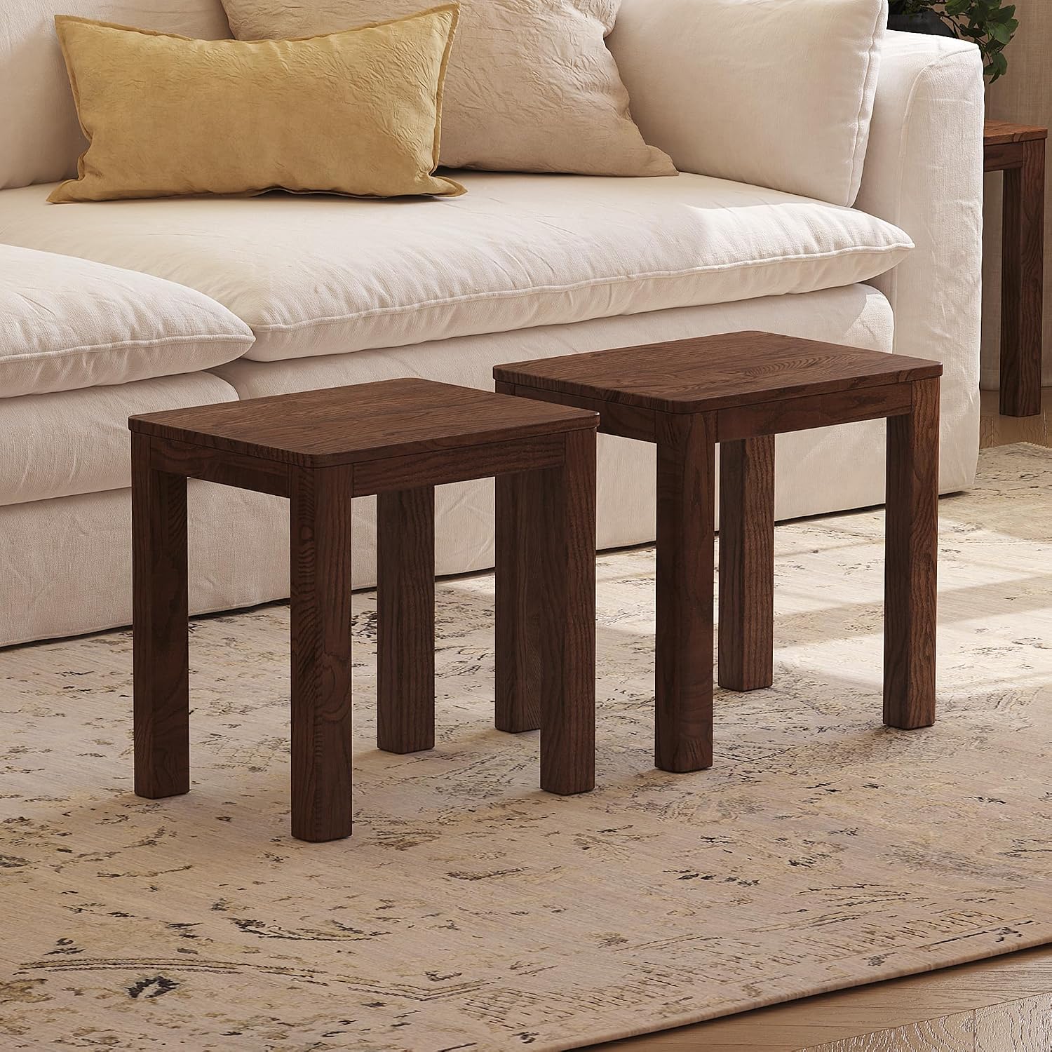 100% Solid Wood Stool, Walnut Oak Wood Ottoman Footrest Stool Vanity Chair Bench Seat for Entryway Dining Bedroom Makeup (Walnut no Cushion, 2)