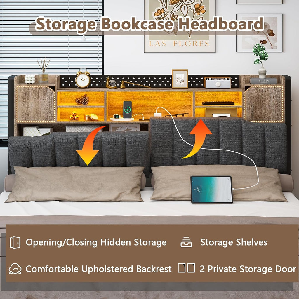 CSZZD King Size Bed Frame and Bookcase Headboard & Storage Drawers, LED Upholstered Platform Bed Frame King Size with USB Charging Station, No Box Spring Needed, Easy Assembly, Oak Gray