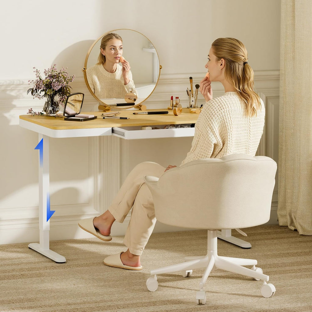 FLEXISPOT Electric Standing Makeup Vanity Desk with Drawer and USB Charge Ports,48' Height Adjustable Quick Install Dressing Table for Women Girls Bedroom Dressing Room,Bamboo-Look Laminate/White