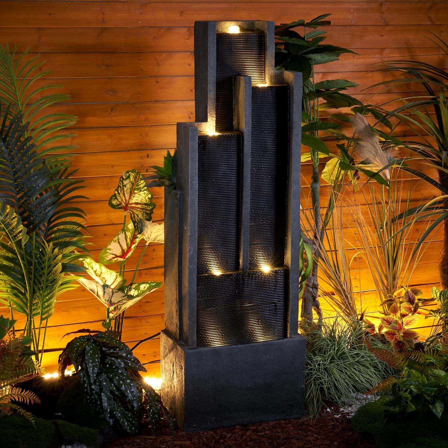 SunJet 4-Tier Modern Cascading Indoor/Outdoor Fountains and Waterfalls with LED Lights - 50.7' High Larger Water Fountain for Garden, Patio, Yard, and Deck Decor - Relaxing Water Fountain Outdoor