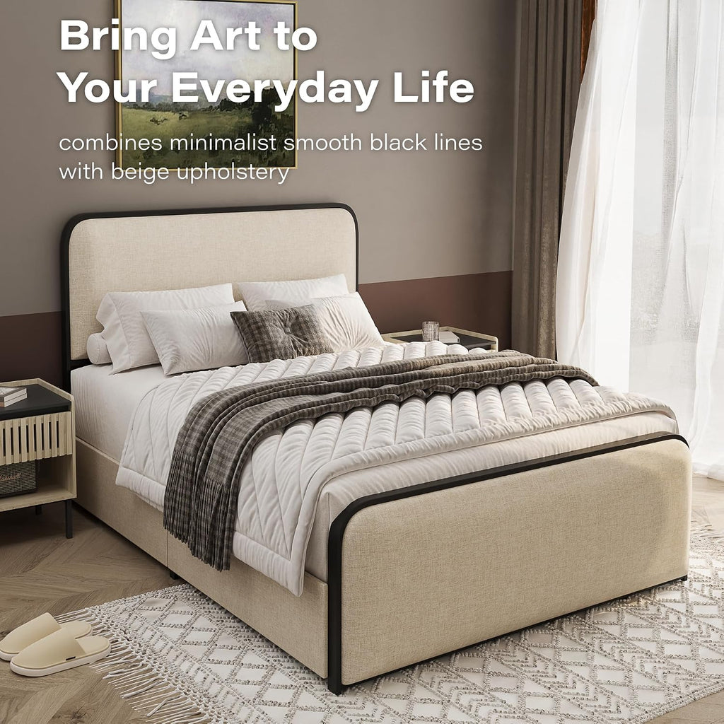 Queen Metal Platform Bed with 4 Under Bed Drawers, Modern Minimalist Linen Upholstered Bed Frame with Headboard & Footboard, Squeak-Free, No Box Spring Needed, Easy Assembly, Cream Beige