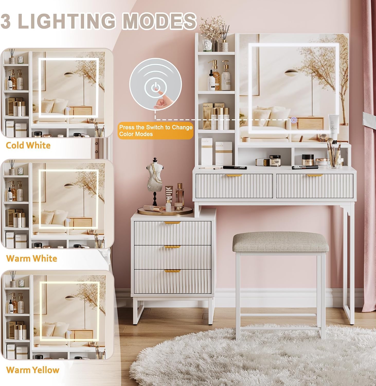 Makeup Vanity Desk with Mirror and Lights, Vanity Table Set with 3 Adjustable Lighting Colors, Dressing Table With 5 Large Drawers and Cushioned Stool, White Bedroom Vanity for Girls Women, White