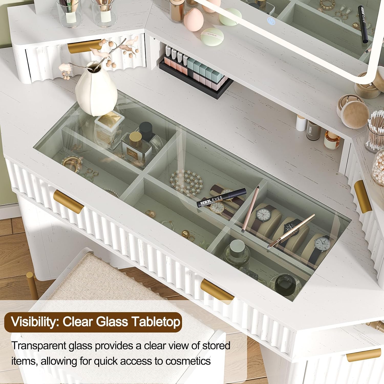 Modern 48'' Fluted Makeup Vanity Desk with HD Triple Mirror & LED Lights – Spacious Corner Dressing Table with Glass Top, 3 Drawers & 2 Cabinets for Stylish Bedroom Decor (White)