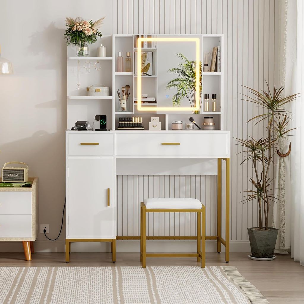 GarveeHome Makeup Vanity Desk with Lights in 3 Colors, White Vanity Table with Charging Station, Visible Drawers