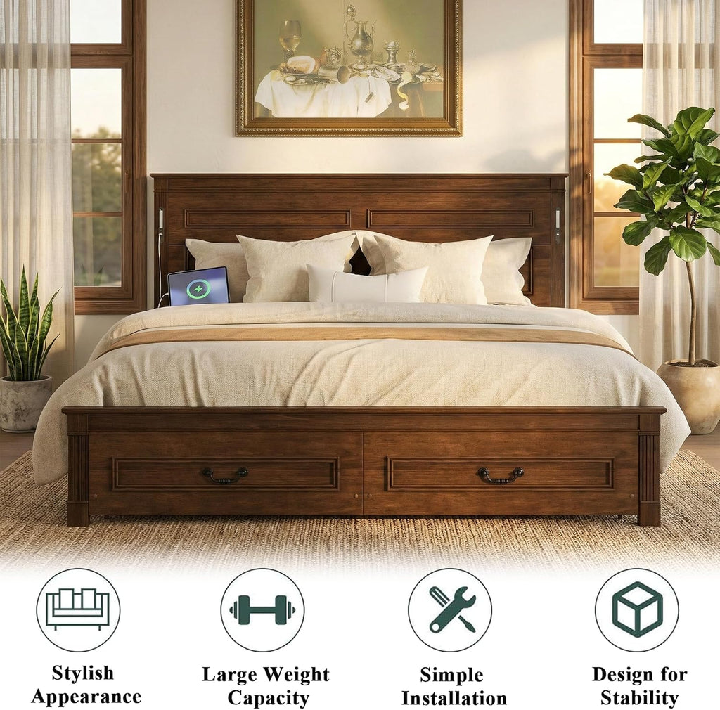 King Bed Frame with 46' Tall Headboard, Farmhouse Solid Wood King Size Platform Bed with 2 Storage Drawers,LED Lights & USB Charging Station,No Box Spring Needed, Walnut