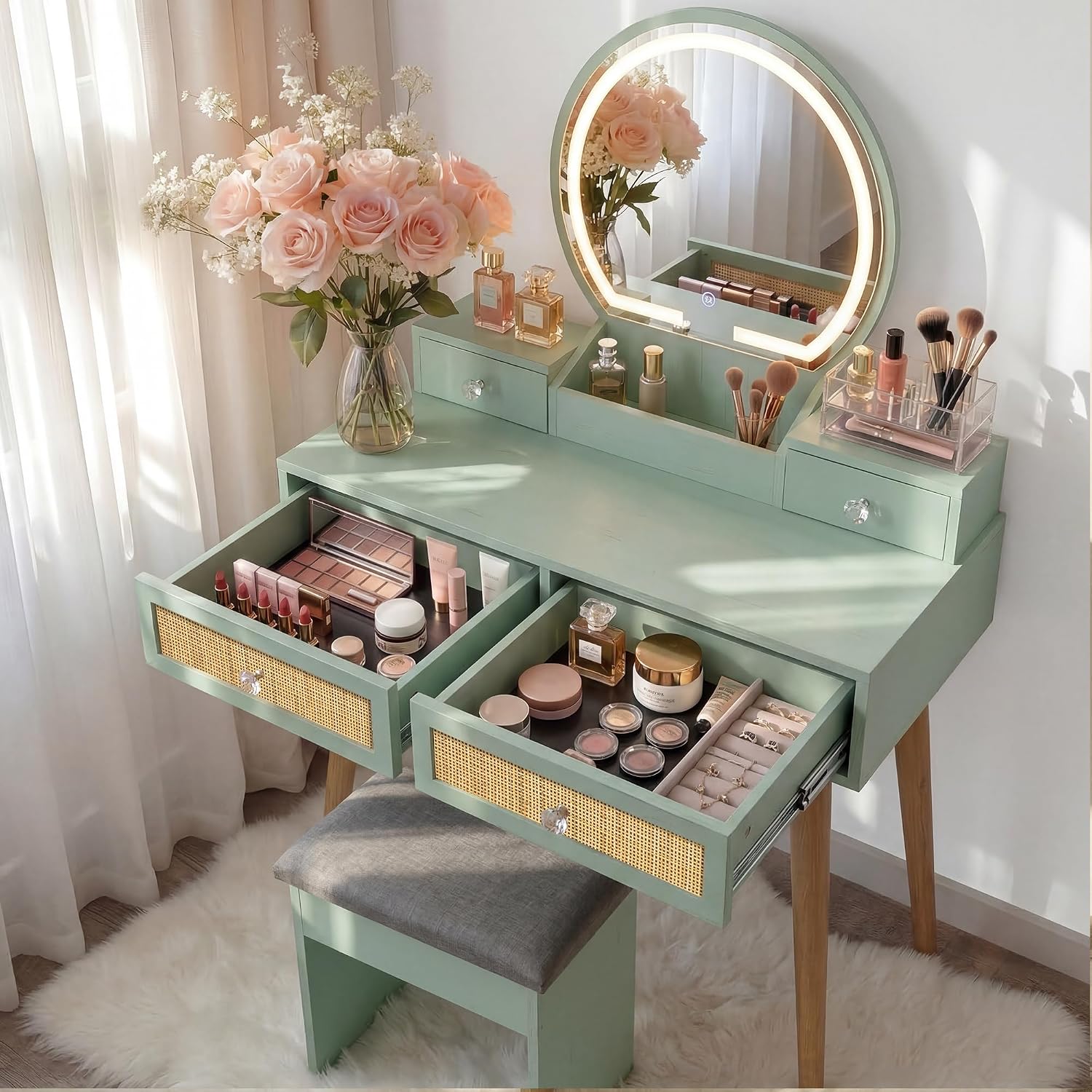 Brafab 31' Boho Natural Rattan Vanity Desk Set with 3 Modes Adjustable Lighted Mirror and Cushioned Stool, Modern Compact Design Makeup Table for Bedroom, Cute Dressing Table for Small Space, Mint