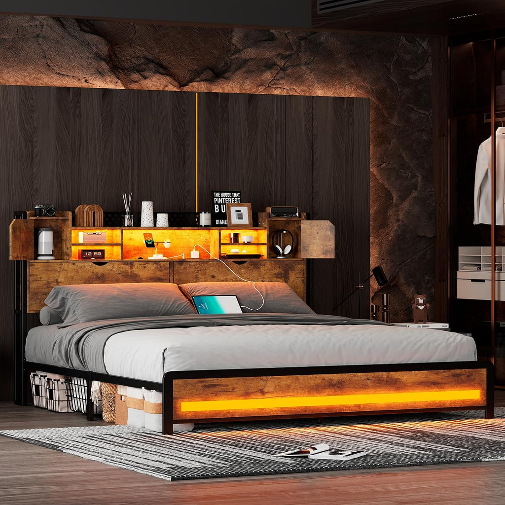 CSZZD King Size Bed Frame and Storage Headboard, LED Bed Frame with USB Charging Station, Metal Platform Bed Frame King with Hidden Storage Space, No Box Spring Needed