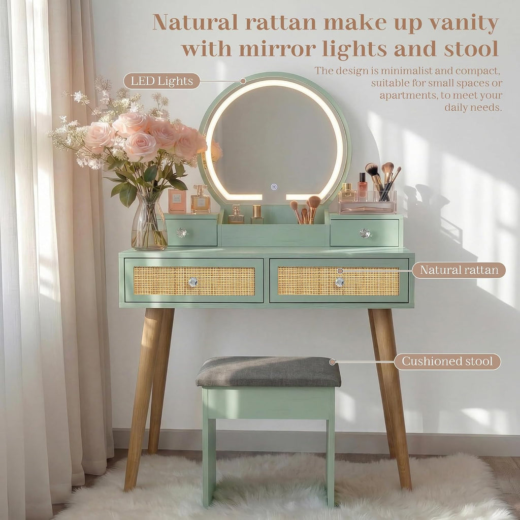 Brafab 31' Boho Natural Rattan Vanity Desk Set with 3 Modes Adjustable Lighted Mirror and Cushioned Stool, Modern Compact Design Makeup Table for Bedroom, Cute Dressing Table for Small Space, Mint