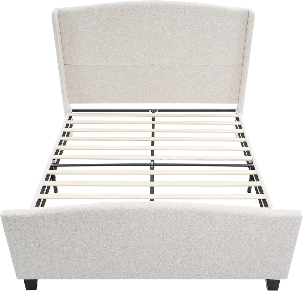 KEIKI Queen Size Velvet Upholstered Platform Bed, Metal Bed Frame w/Tall Wingback Headboard, Modern Solid Bedframe Queen-Size, Wood Slat Support, No Box Spring Needed, Easy Assembly, Ivory