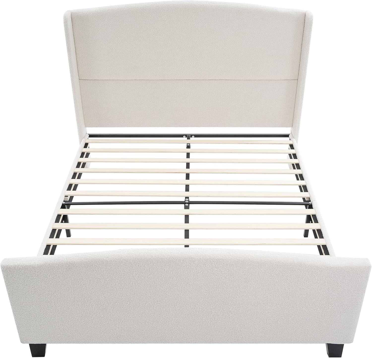 KEIKI Queen Size Velvet Upholstered Platform Bed, Metal Bed Frame w/Tall Wingback Headboard, Modern Solid Bedframe Queen-Size, Wood Slat Support, No Box Spring Needed, Easy Assembly, Ivory