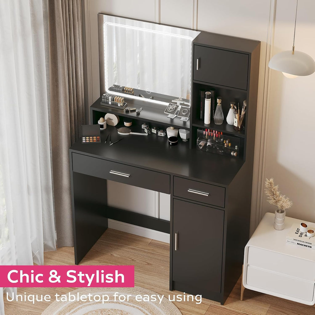 MIRROTOWEL Vanity Desk with LED Light Mirror, Dressing Table with Large Drawer & 3-Tier Storage, Adjustable Brightness 3 Lighting Modes, Modern Makeup Desk for Bedroom, Bathroom, or Living Room