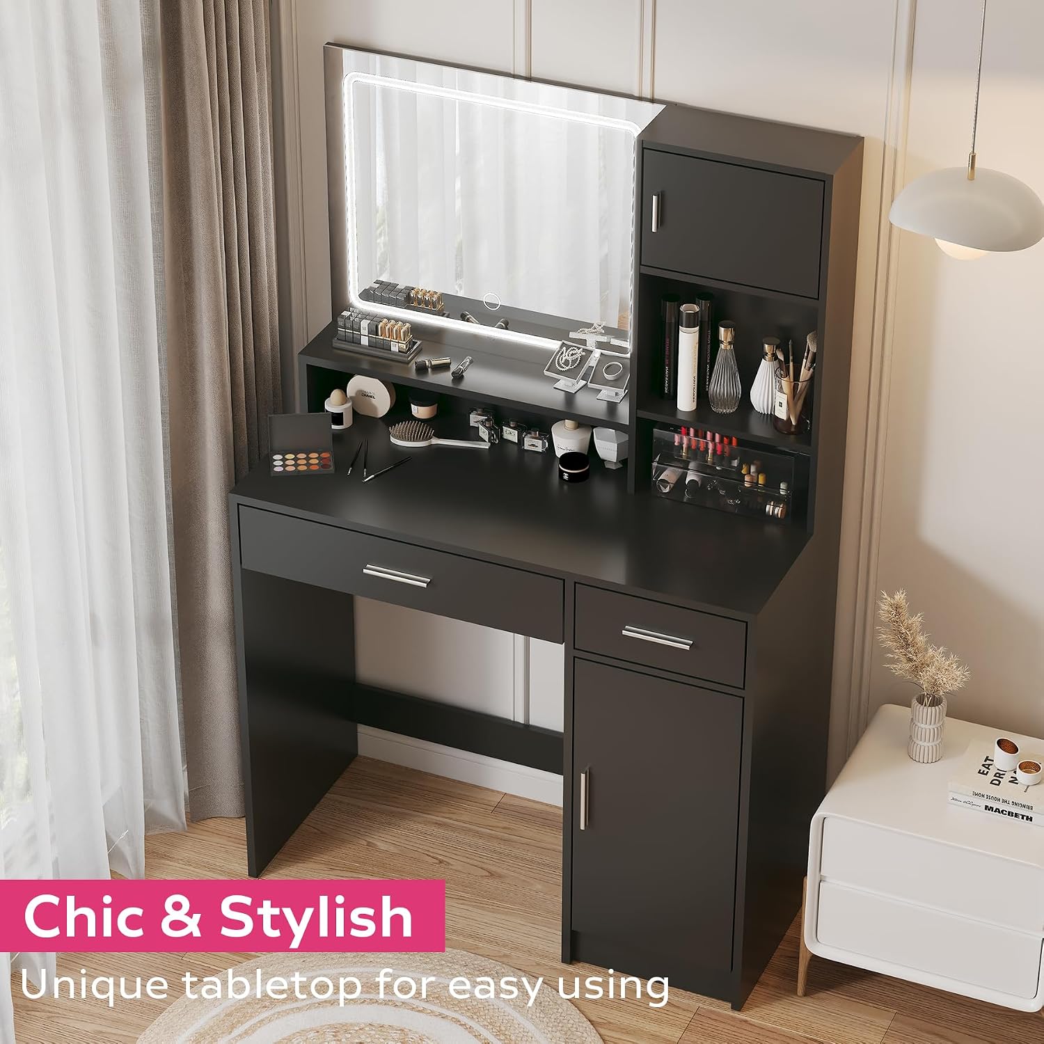 MIRROTOWEL Vanity Desk with LED Light Mirror, Dressing Table with Large Drawer & 3-Tier Storage, Adjustable Brightness 3 Lighting Modes, Modern Makeup Desk for Bedroom, Bathroom, or Living Room