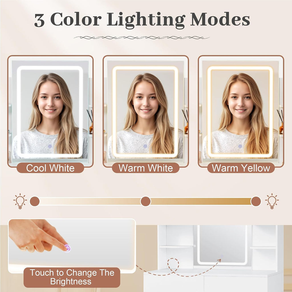 JUMMICO Makeup Vanity with Mirror and Lights, Vanity Desk with 3 Color Modes and Adjustable Light Brightness, Makeup Table with Storage Drawer, Open Shelves, and Side Storage (White, with Bench)