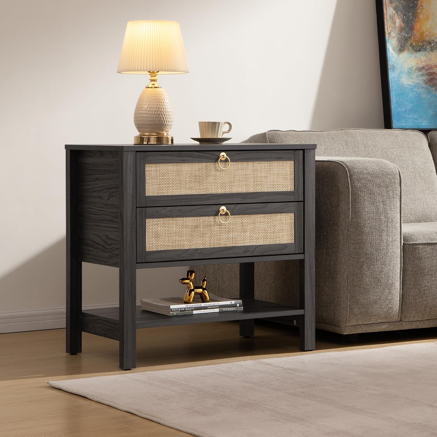 SICOTAS Night Stand with Drawers and Storage Shelf - Large Nightstands Rattan Decor Boho Bedside Table Narrow Side Table for Bedroom, Small Space