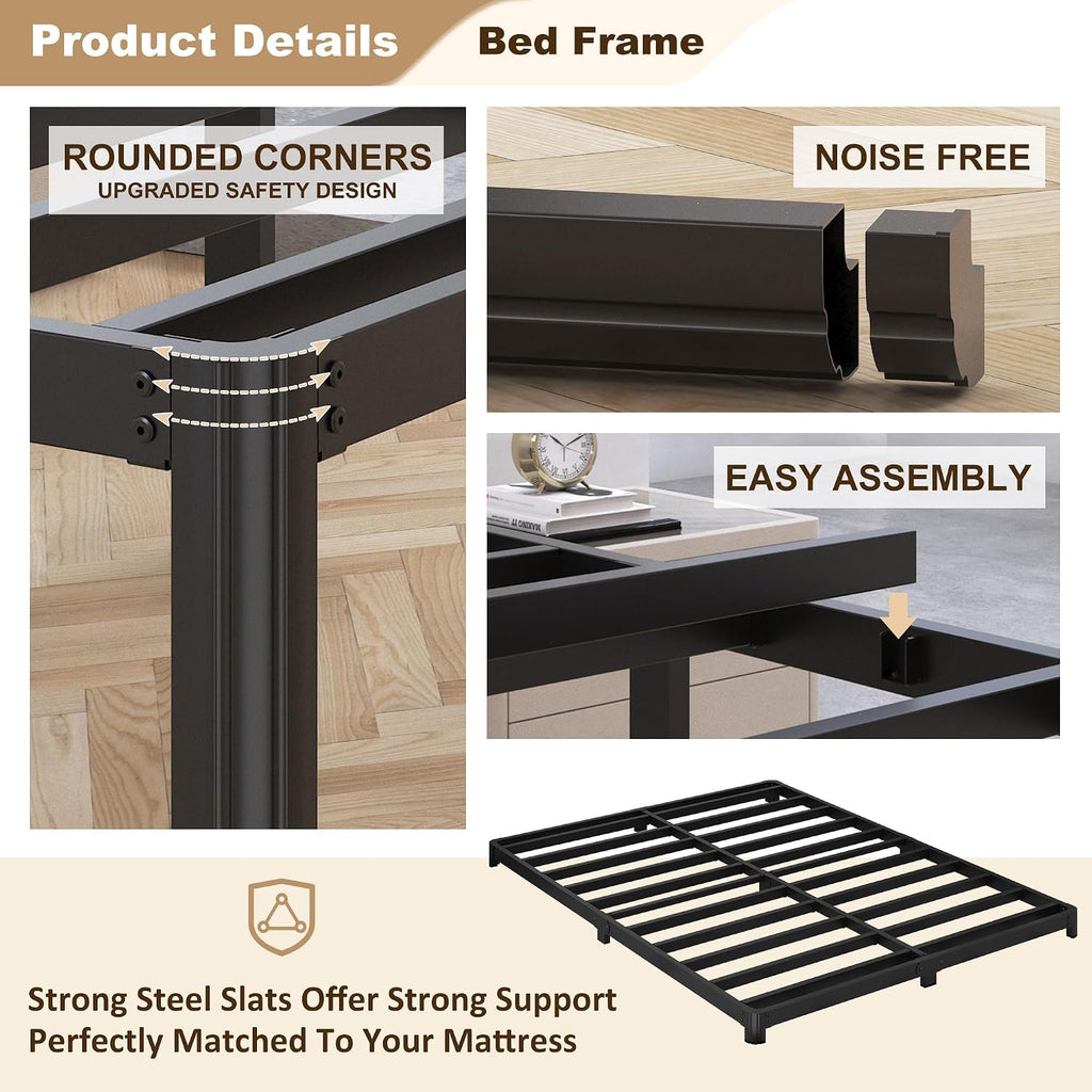 Likelalaso 3 inch Low King Size Bed Frame with Rounded Corner, Heavy Duty Metal, Easy Assembly, Noise Free, Black