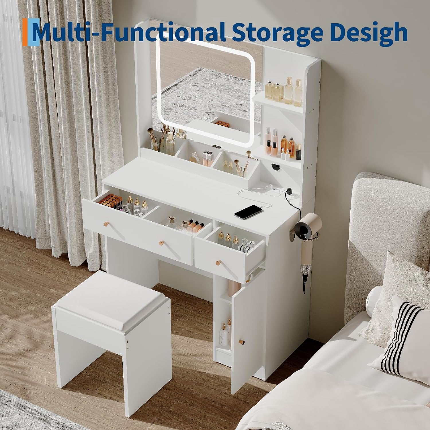 HaHarmoHaby Vanity Desk with Lighted Mirror, Makeup Vanity Table with 4 Drawers, Shelves,3 Color Modes & Adjustable Brightness, Dressing Table Set with Stool for Bedroom
