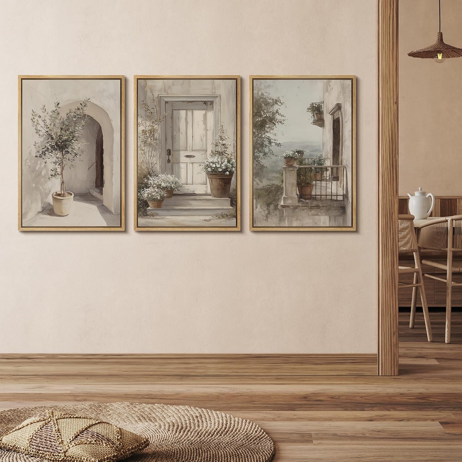 wall26 Framed Canvas Print Wall Art Set Mediterranean Courtyard with Olive Trees and Sunlit Doorway Illustrations Modern Art Decorative Multicolor for Living Room, Bedroom, Office - 16'x24'x3 NATURAL