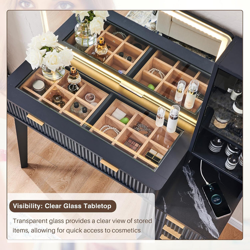 T4TREAM 48' Fluted Makeup Vanity Desk with Large 36' Mirror and Lights, Modern Glass Top Big Vanity Table with 5 Drawers & Adjustable Shelf, Dressing Table w/Charging Station for Bedroom, Dark Grey