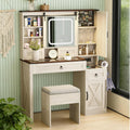 Farmhouse White Vanity Desk with Mirror and Lights, 42' Glass Top Dressing Table with Charging Station & Jewelry Storage, 4 Drawers & 2 Cabinets, Compact Makeup Vanity for Girls