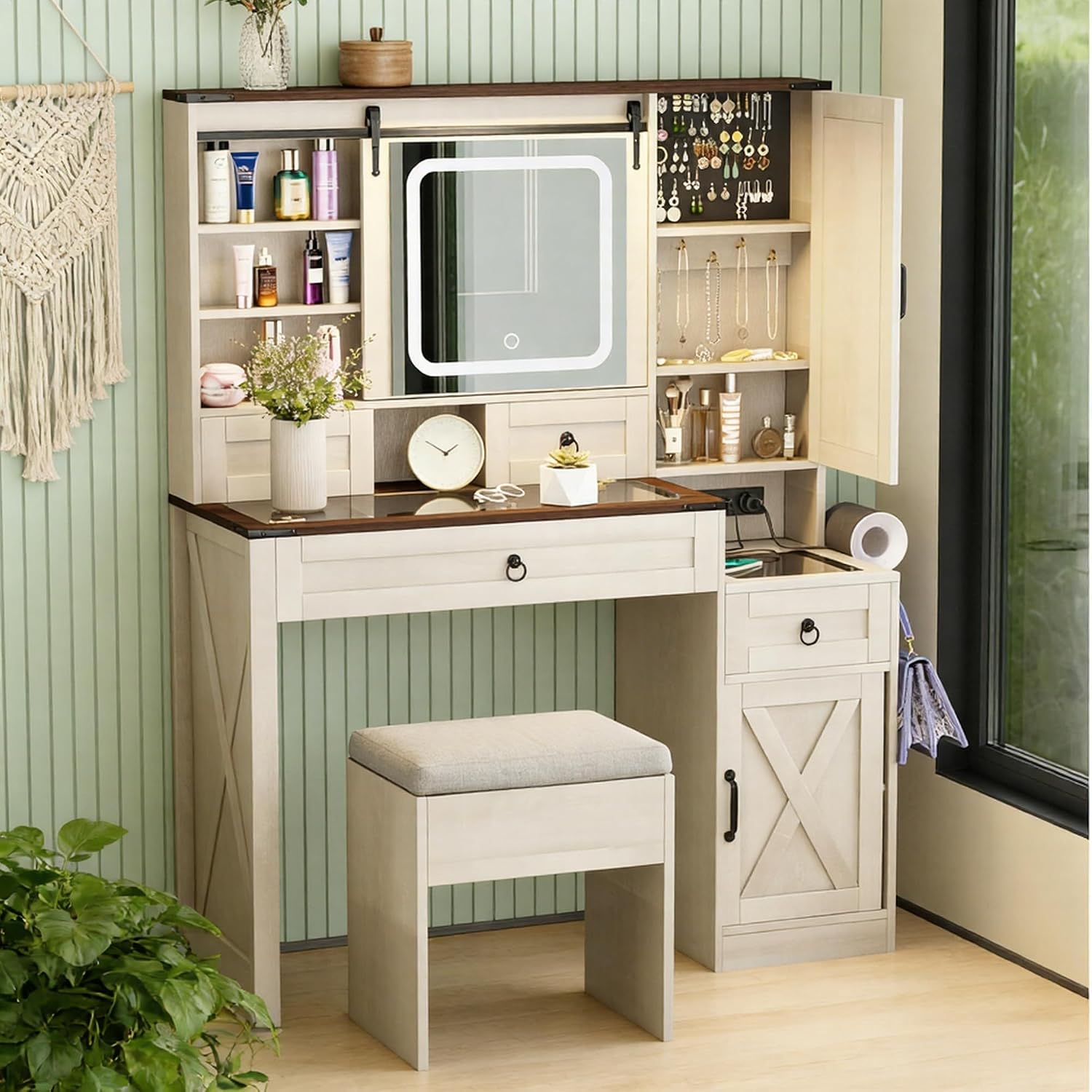 Farmhouse White Vanity Desk with Mirror and Lights, 42' Glass Top Dressing Table with Charging Station & Jewelry Storage, 4 Drawers & 2 Cabinets, Compact Makeup Vanity for Girls