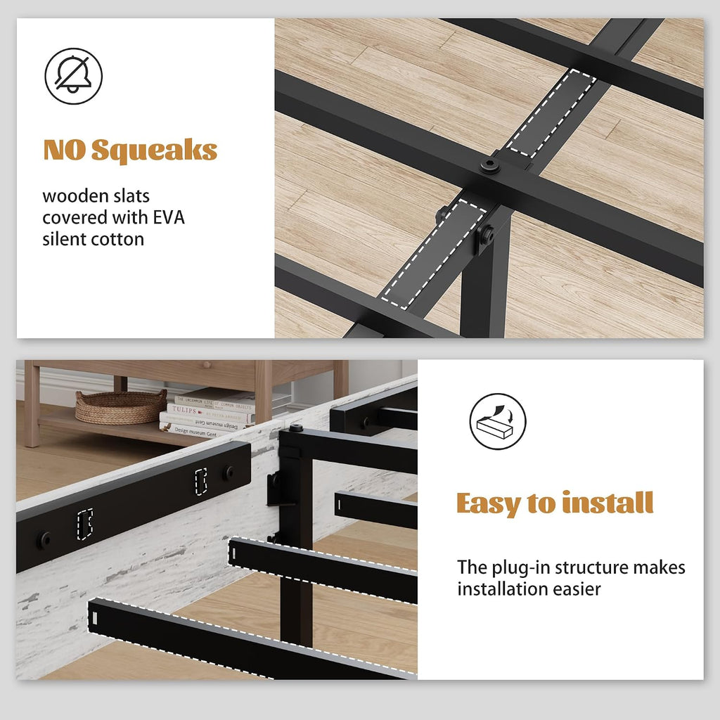 Queen Size Wooden Bed Frame with Headboard, Rustic Farmhouse Platform Bedframe with Metal Slat Support, Under Bed Storage Space, Easy Assembly, Noisy Free (Boho White, Queen)