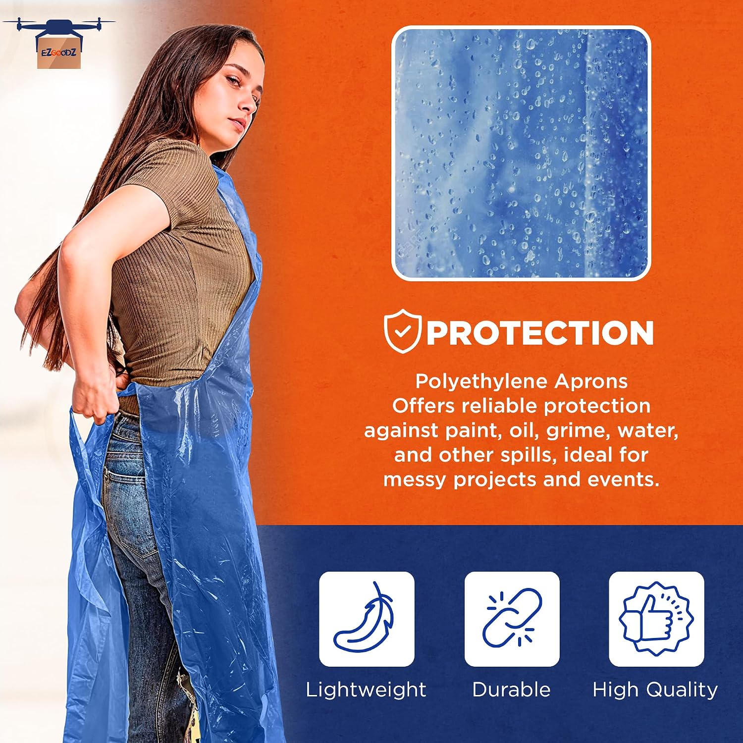 EZGOODZ Disposable Plastic Aprons for Adults 28 x 46 Inch, Pack of 1000 Blue, Waterproof Lightweight 1.0 Mil for Painting, Food Service, Cleaning