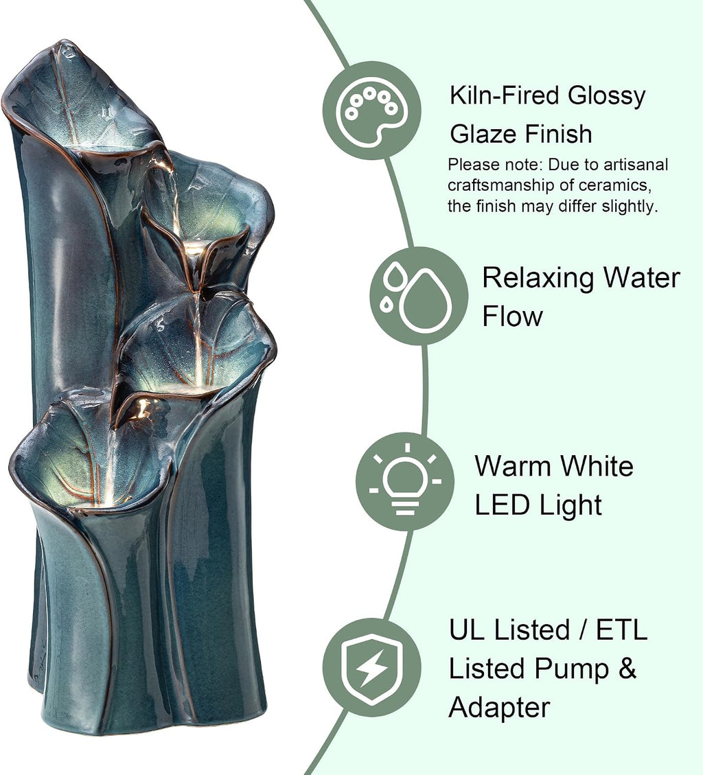 Glitzhome 31.25' H Outdoor Water Fountain with LED Lights and Pump, 4 Tier Turquoise Lotus Leaf Textured Ceramic Floor Standing Fountain, Vase Waterfall Fountains for Porch Deck Garden Patio Backyard