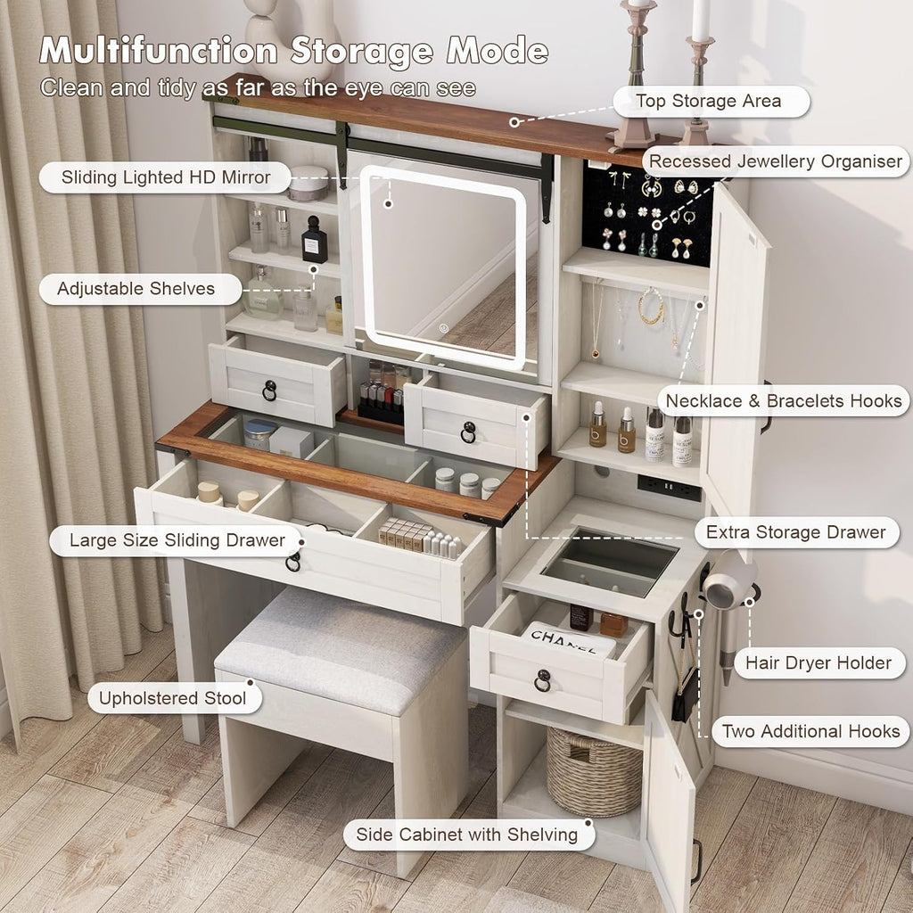 Farmhouse White Vanity Desk with Mirror and Lights, 42' Glass Top Dressing Table with Charging Station & Jewelry Storage, 4 Drawers & 2 Cabinets, Compact Makeup Vanity for Girls