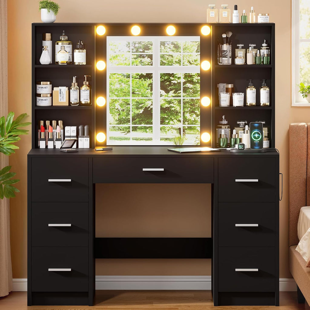 Vanity Desk with Mirror and LED Lights, Large Vanity with 7 Drawers and 6 Shelves, Make up Vanity Dressing Table with Charging Station for Girls, Women (Black)
