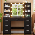Vanity Desk with Mirror and LED Lights, Large Vanity with 7 Drawers and 6 Shelves, Make up Vanity Dressing Table with Charging Station for Girls, Women (Black)