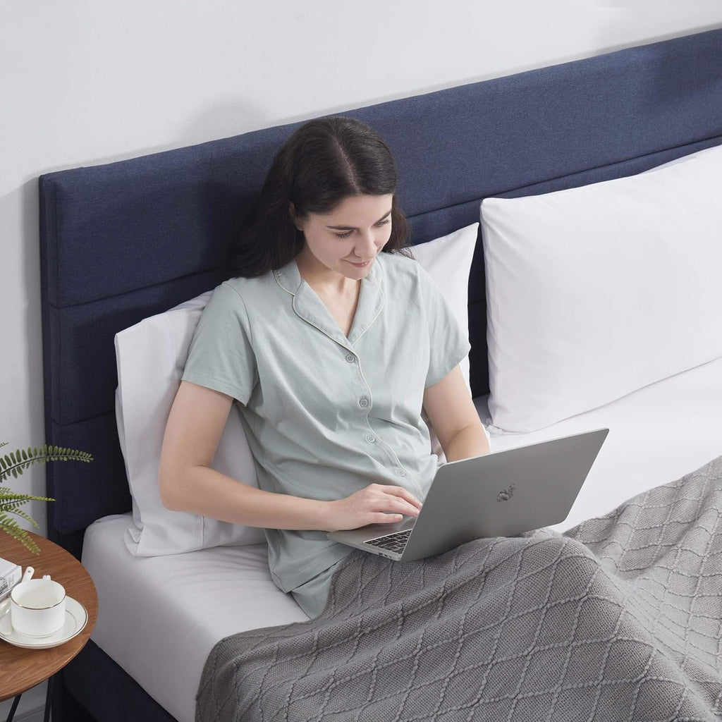 Hearth & Harbor King Bed Frame and Headboard – Linen Horizontal Channel Upholstered King Size Bed Frame, Platform Bed Frame King, Modern Bedframe with Wooden Slats, No Box Spring Needed, Navy