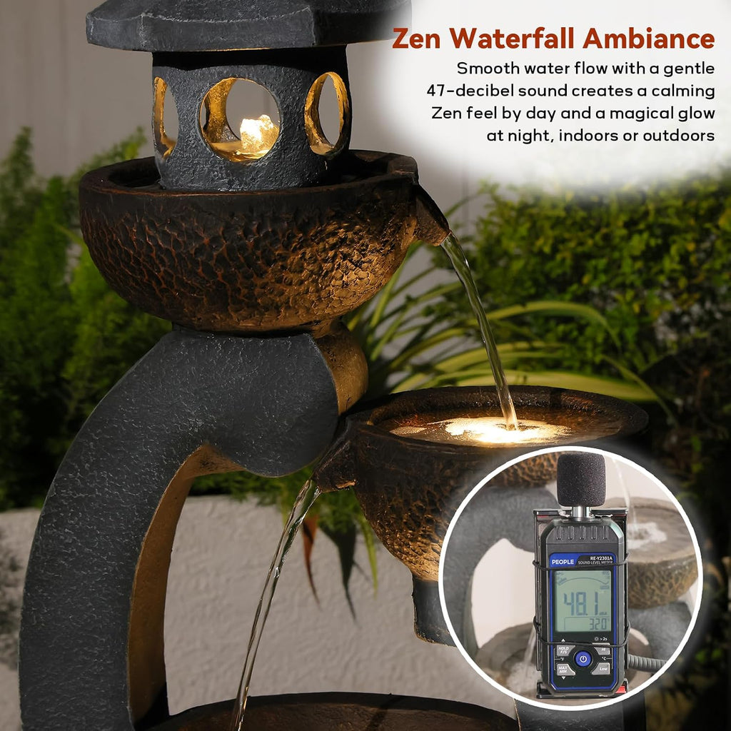 Bumilgar 35.24'H Zen Outdoor Water Fountain Garden, Japanese Lantern Multi-Tier Waterfall Fountain Water Feature with Lights for Patio, Garden & Porch