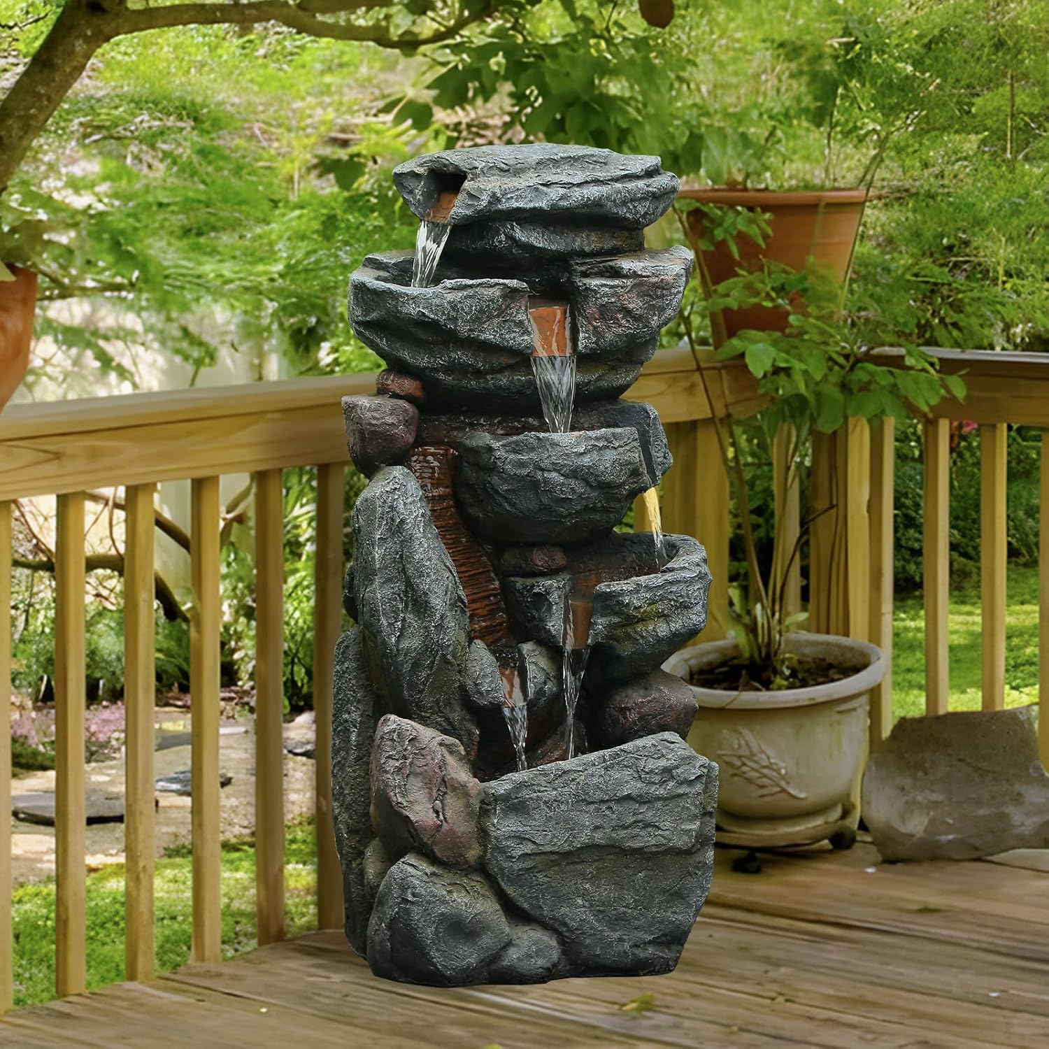 The 5-Tiered Rock Water Fountain Outdoor&Indoor, 31.5''H Floor-Standing Garden Fountains, Stone Feature and Waterfall with Lights for Patio, Backyard, Deck, Porch, Home DéCor, Gray