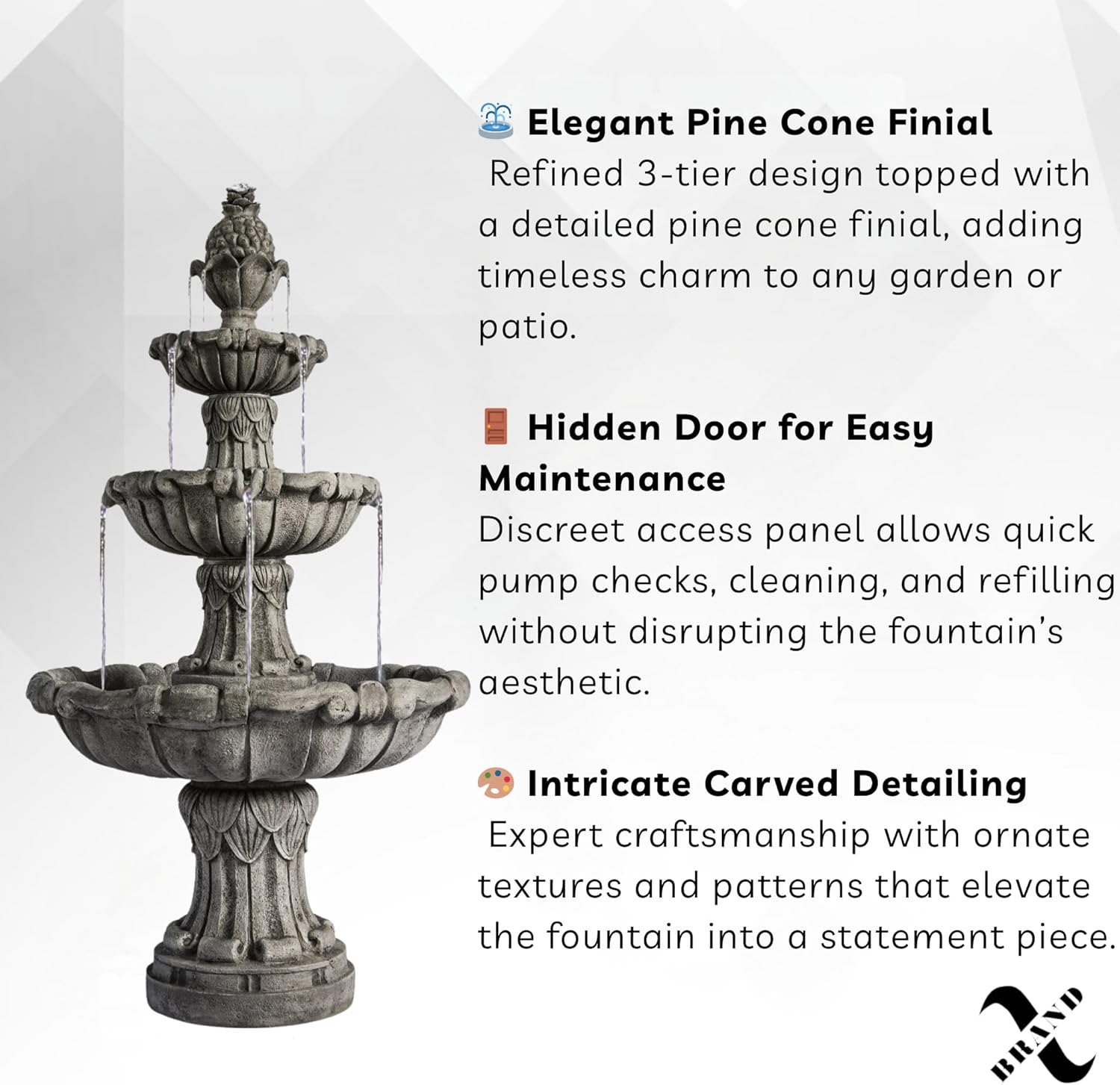 XBrand Large Outdoor Electric Bird Bath Fountain 58.3', 3-Tier Garden Water Fountain with Pump, Classic Leaf Design, Gray Resin Floor Fountain for Yard, Lawn, Patio & Porch