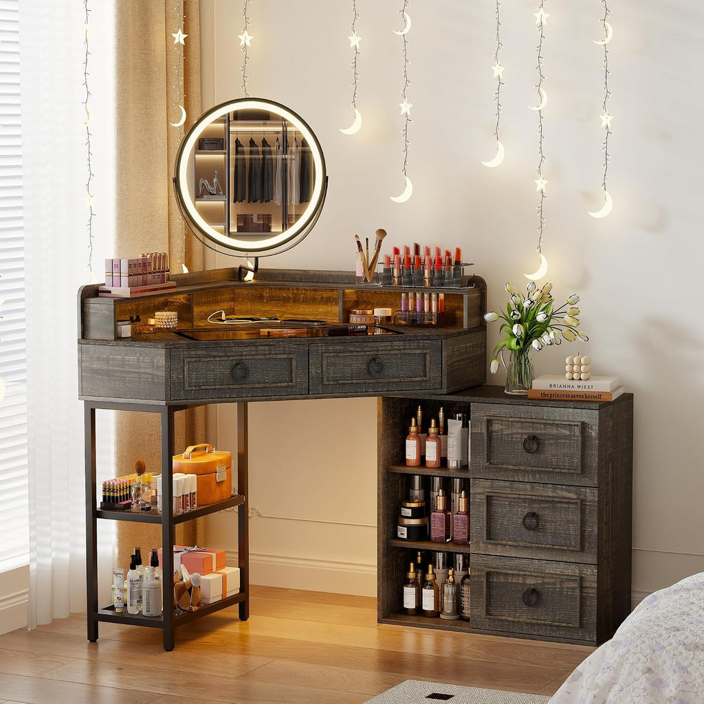Corner Vanity Desk with Rotating Mirror and Lights,Glass Top Makeup Vanity with Human Body Senor&Charging Station,LED Vanity Table Set with 5 Drawers and Shelves for Bedroom