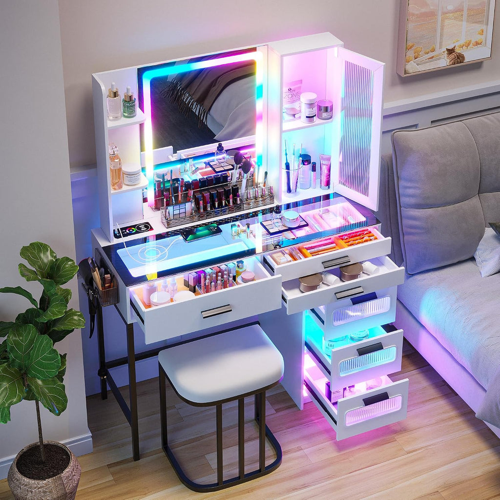 WOOVIVS Vanity with Lights for Girls- Vanities Table with LED Mirror, RGB Makeup Vanity with Wireless Charging Station, 6 Drawers Dress with Glass Top,Chair,Jewelry Organizer for Bedroom-White