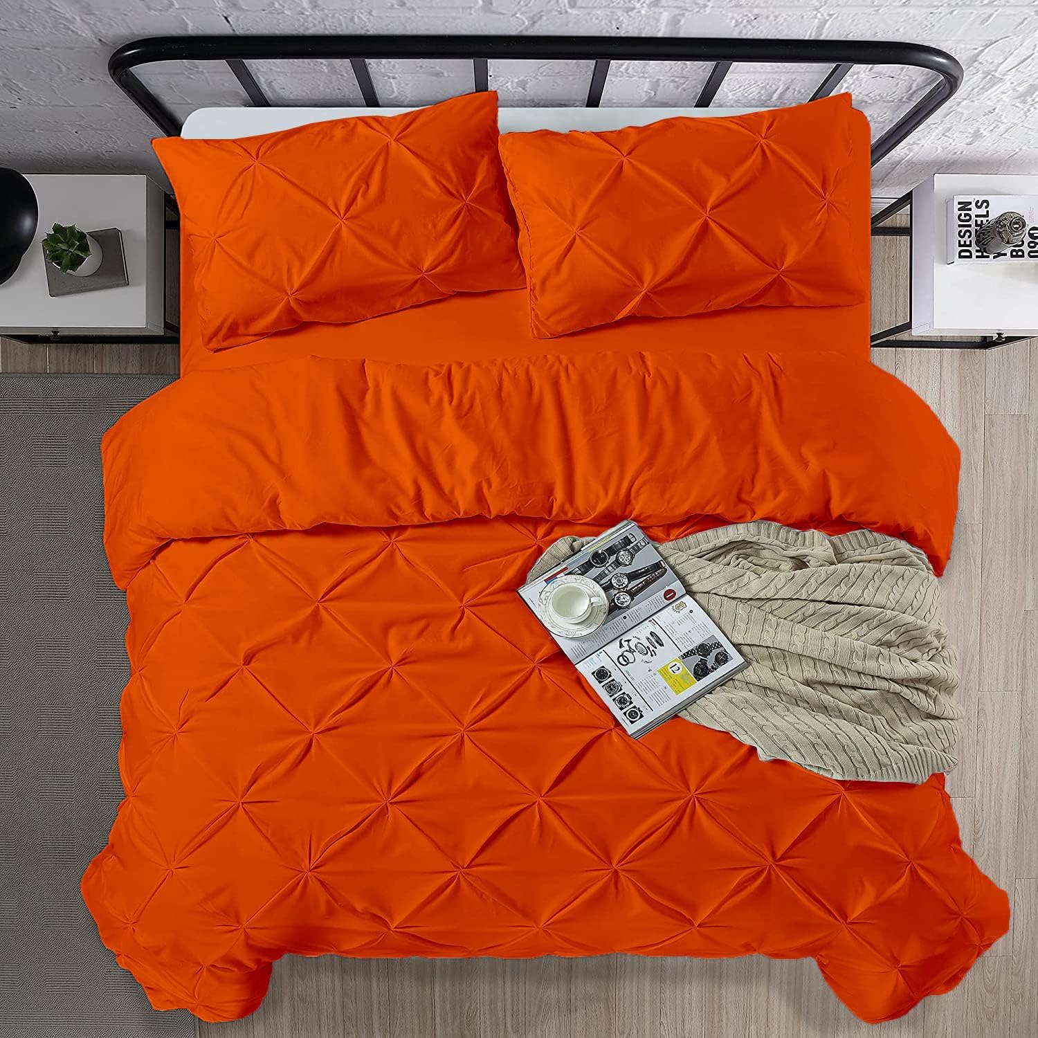Crown Collection Luxuriate Hotel 1000-TC Hypoallergenic Ultra Soft Design 100% Egyptian Cotton Super King Plus 120X120 Orange Solid Pinch Pleated Duvet Cover with Zipper Colser & 2pcs Pillow Case Set
