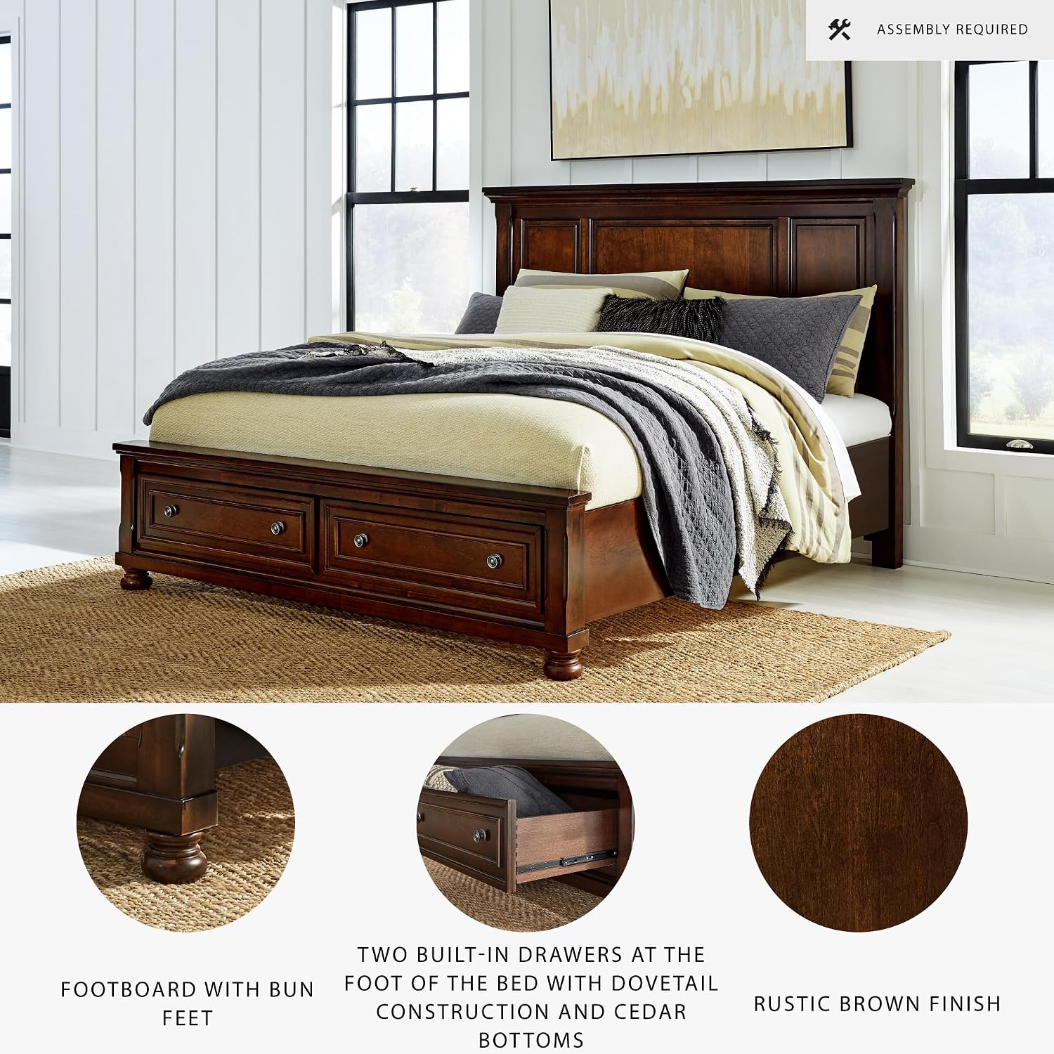 Signature Design by Ashley Porter Traditional 2-Drawer California King Panel Platform Storage Bed with Bun Feet, Foundation or Box Spring Not Needed, Dark Brown
