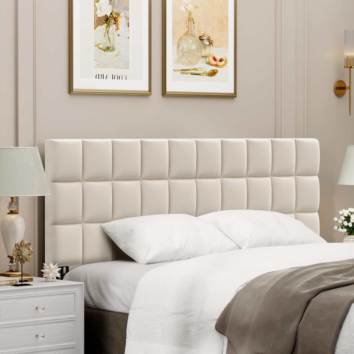ALISH Velvet Tufted Headboard with Adjustable Height and Width, Foldable Upholstered Headboard with Metal Legs for King Size Metal and Wood Bed Frame (Beige, King)