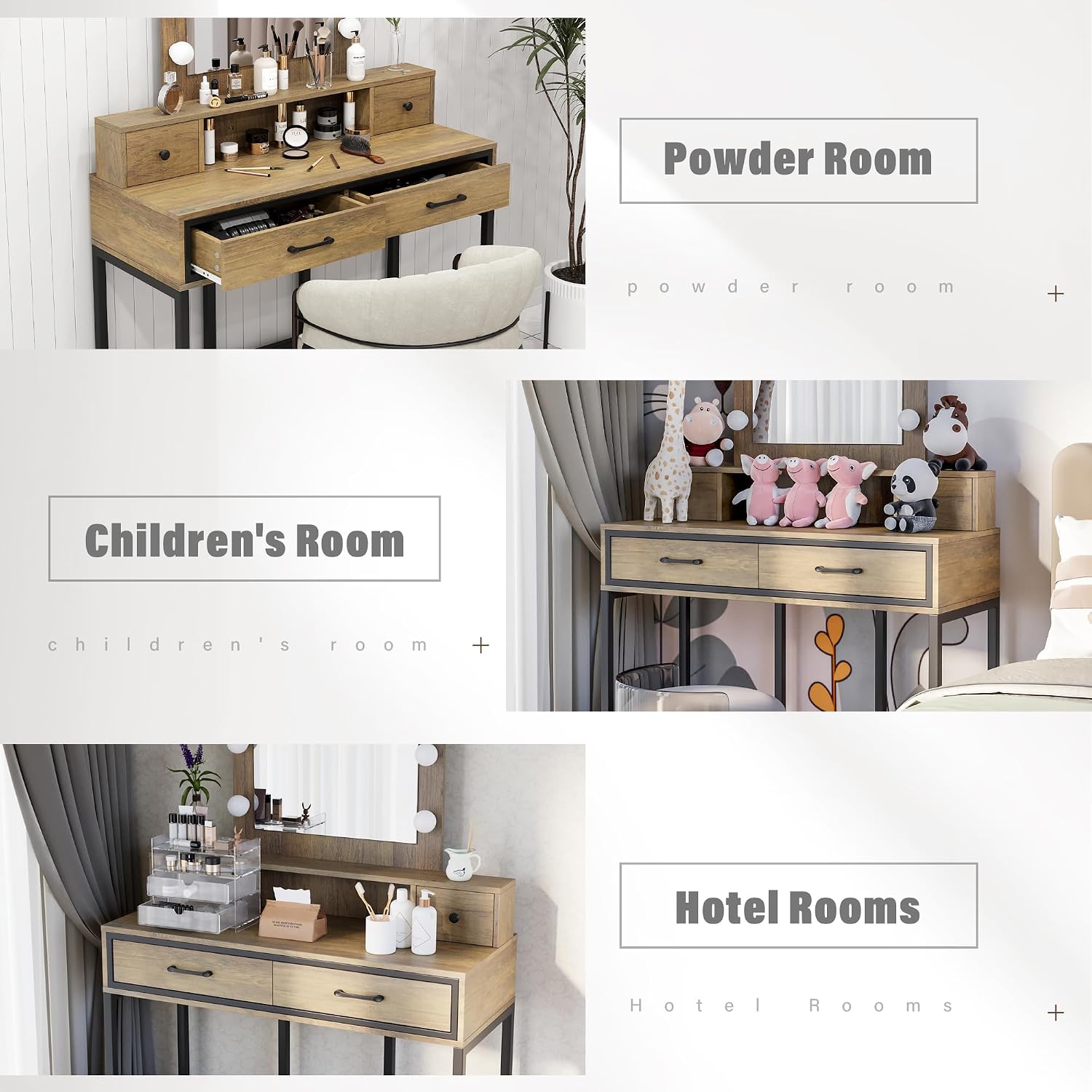 SUNVIVI Vintage Vanity Desk with Lighted Mirror, 40' Large Dressing Makeup Vanity Table with 4 Drawers, 3 Color Lighting Modes & 10 Brightness, Dressing Table with Metal Frame for Woman Adult Bedroom