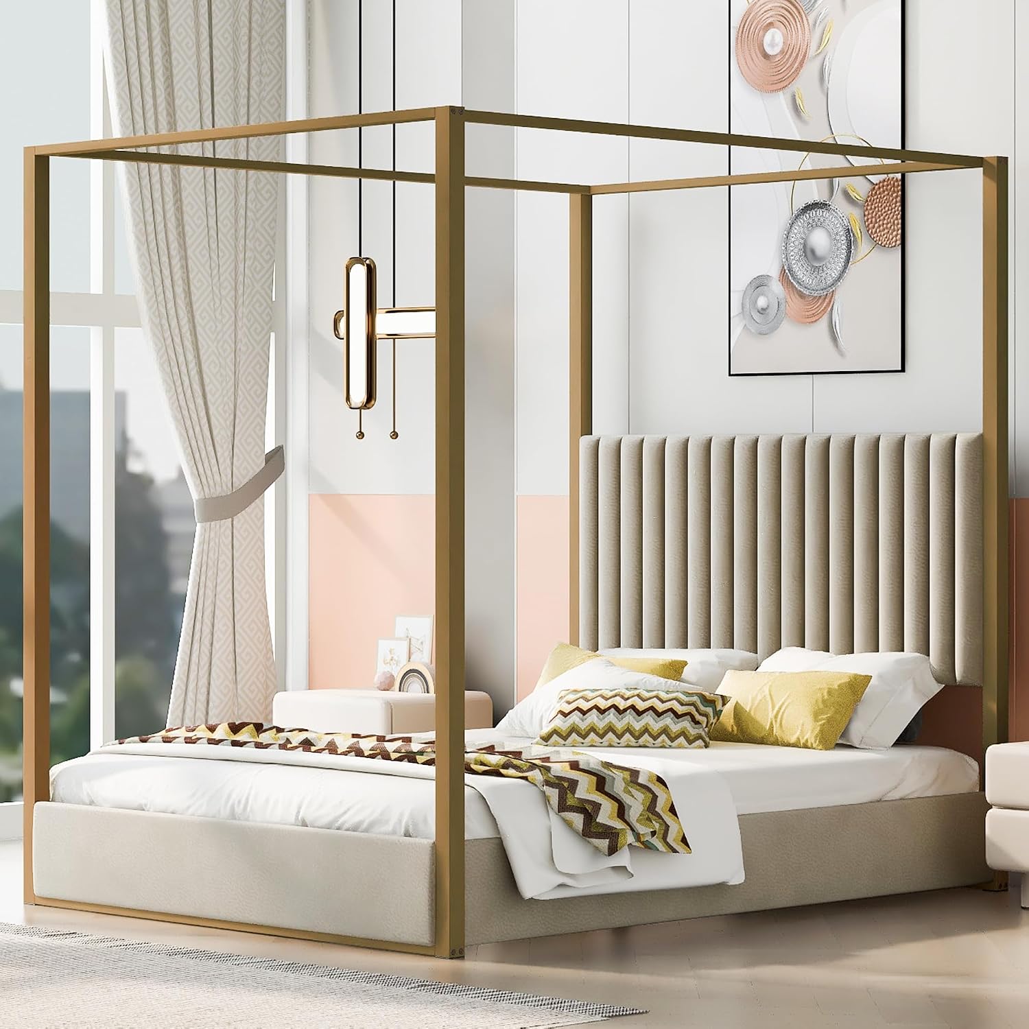 Upholstery Canopy Platform Bed with Headboard and Metal Frame for Bedroom,No Spring Box Needed (Beige, Queen (U.S. Standard))