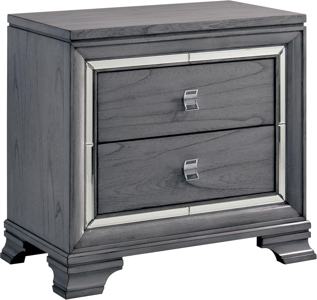 Furniture of America Zenka Wood Frame 3-Piece Bedroom Set, Queen-Size Bed Padded Headboard and 2-Drawer Nightstand, Felt-Lined Top Storage, Box Spring Required, Light Gray