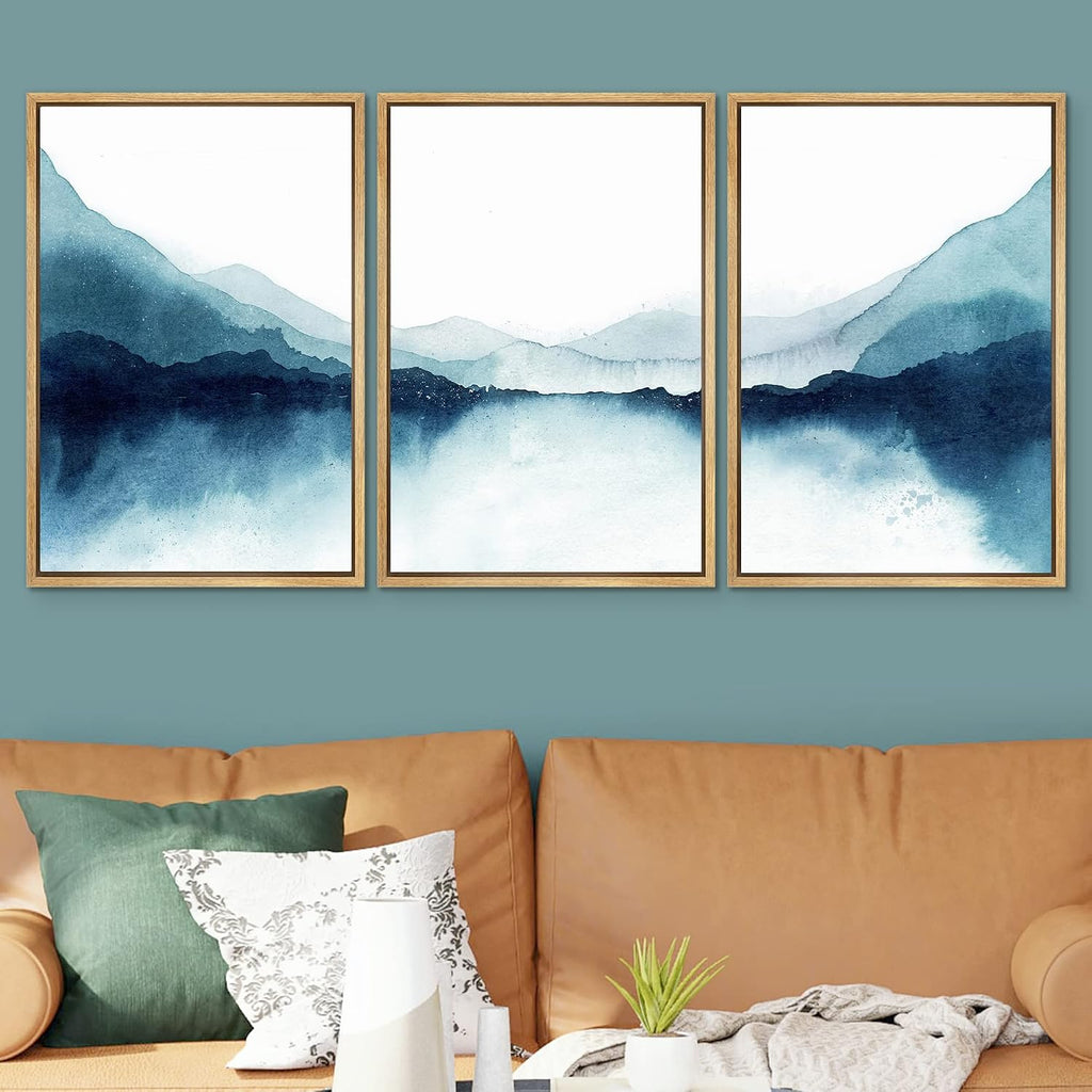SIGNWIN Framed Canvas Print Wall Art Set Teal Duotone Mountain Lake Reflection Nature Wilderness Illustrations Modern Art Decorative Scenic Rustic for Living Room, Bedroom, Office - 16'x24'x3 Natural