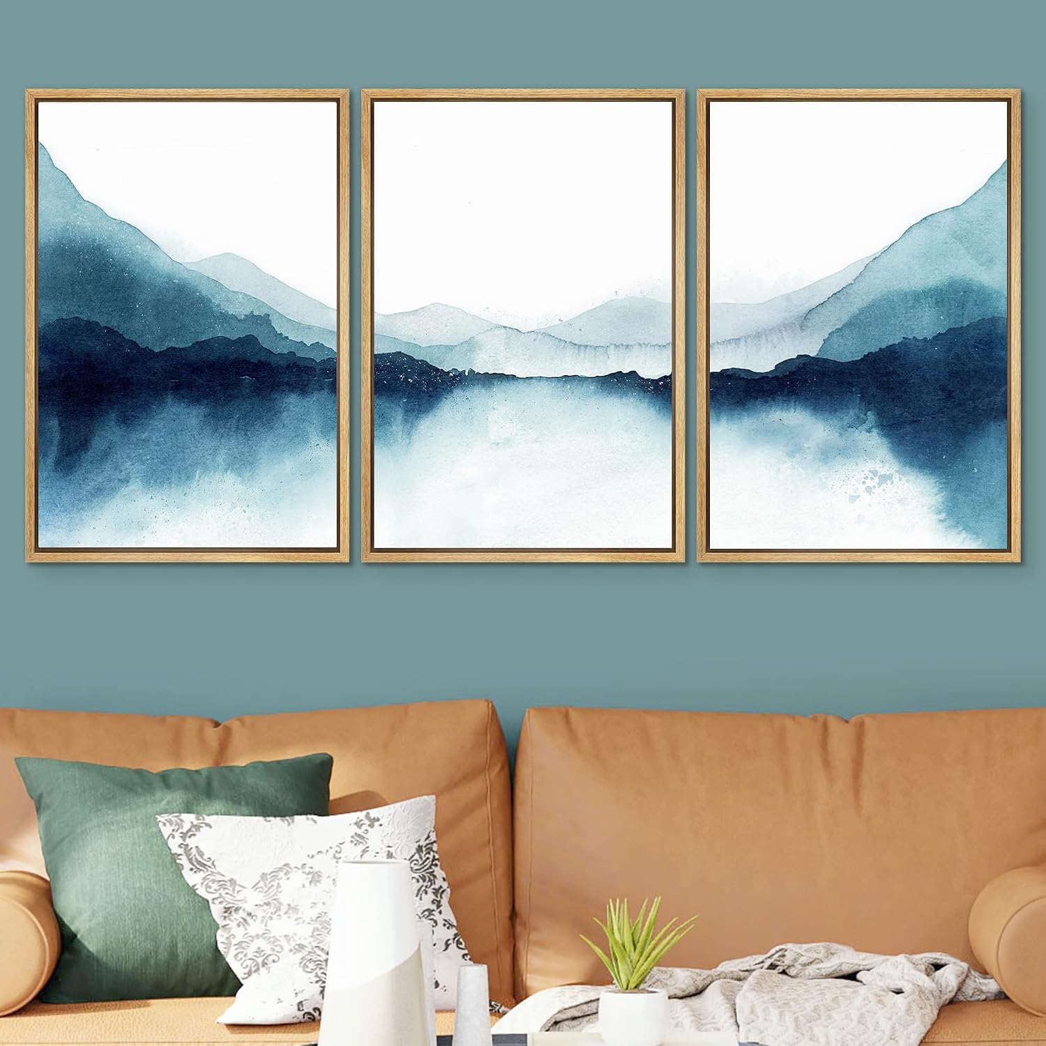 SIGNWIN Framed Canvas Print Wall Art Set Teal Duotone Mountain Lake Reflection Nature Wilderness Illustrations Modern Art Decorative Scenic Rustic for Living Room, Bedroom, Office - 16'x24'x3 Natural