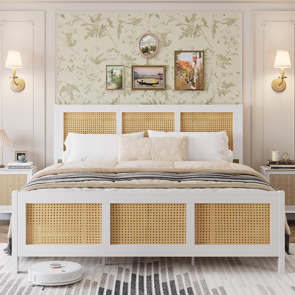IDEALHOUSE Rattan Bed Frame with Headboard, Boho Full Size Bed Frame with Strong Metal Slats Support, No Box Spring Needed, Noise-Free Design, White