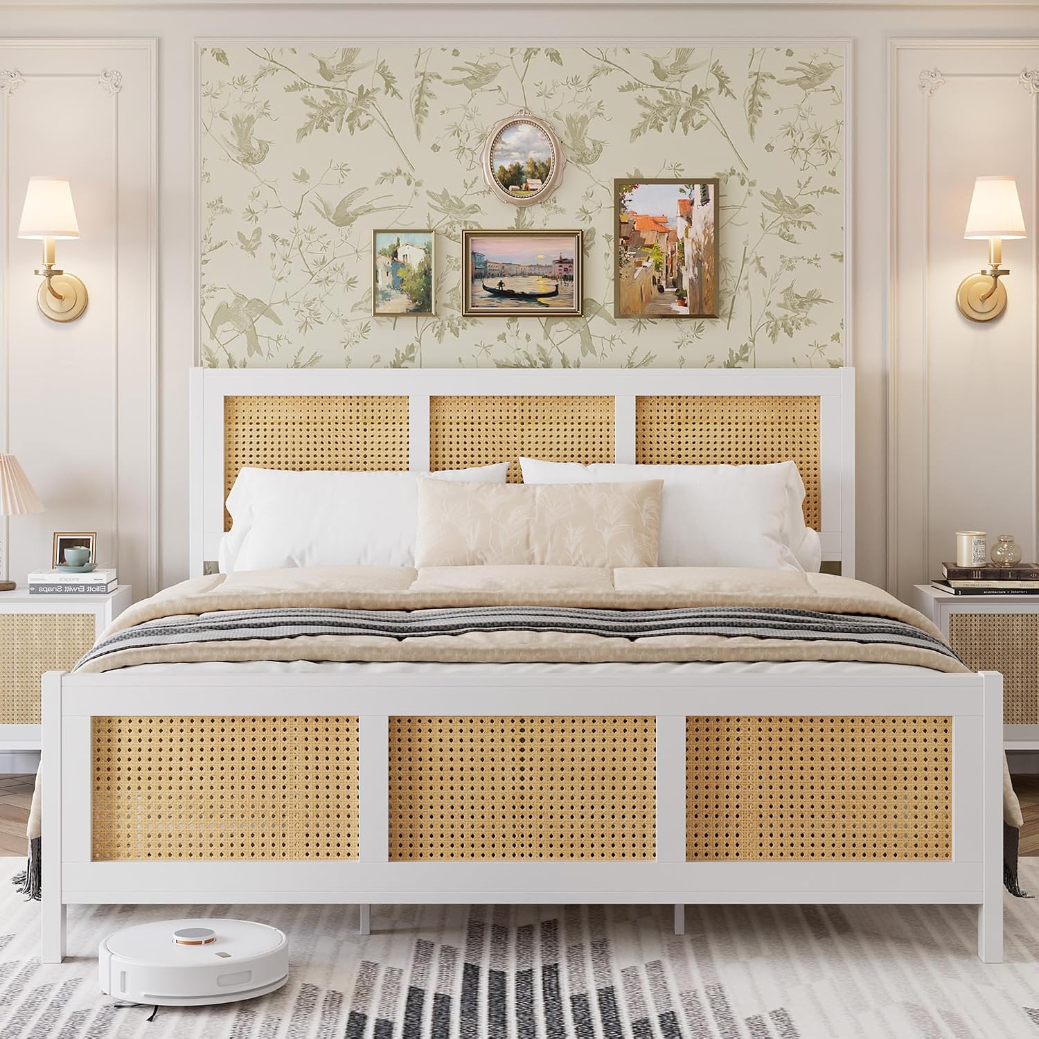 IDEALHOUSE Rattan Bed Frame with Headboard, Boho Full Size Bed Frame with Strong Metal Slats Support, No Box Spring Needed, Noise-Free Design, White