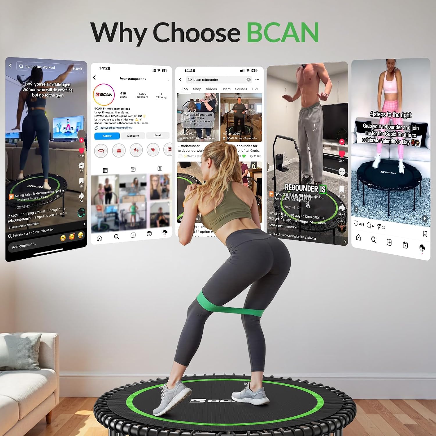 BCAN 450/550LBS Mini Rebounder Trampoline for Adults, 40'/48' Foldable Fitness Trampoline with Bungees, Quiet & Stable Exercise Trampoline Indoor/Home/Garden (BT2, Without Handle)