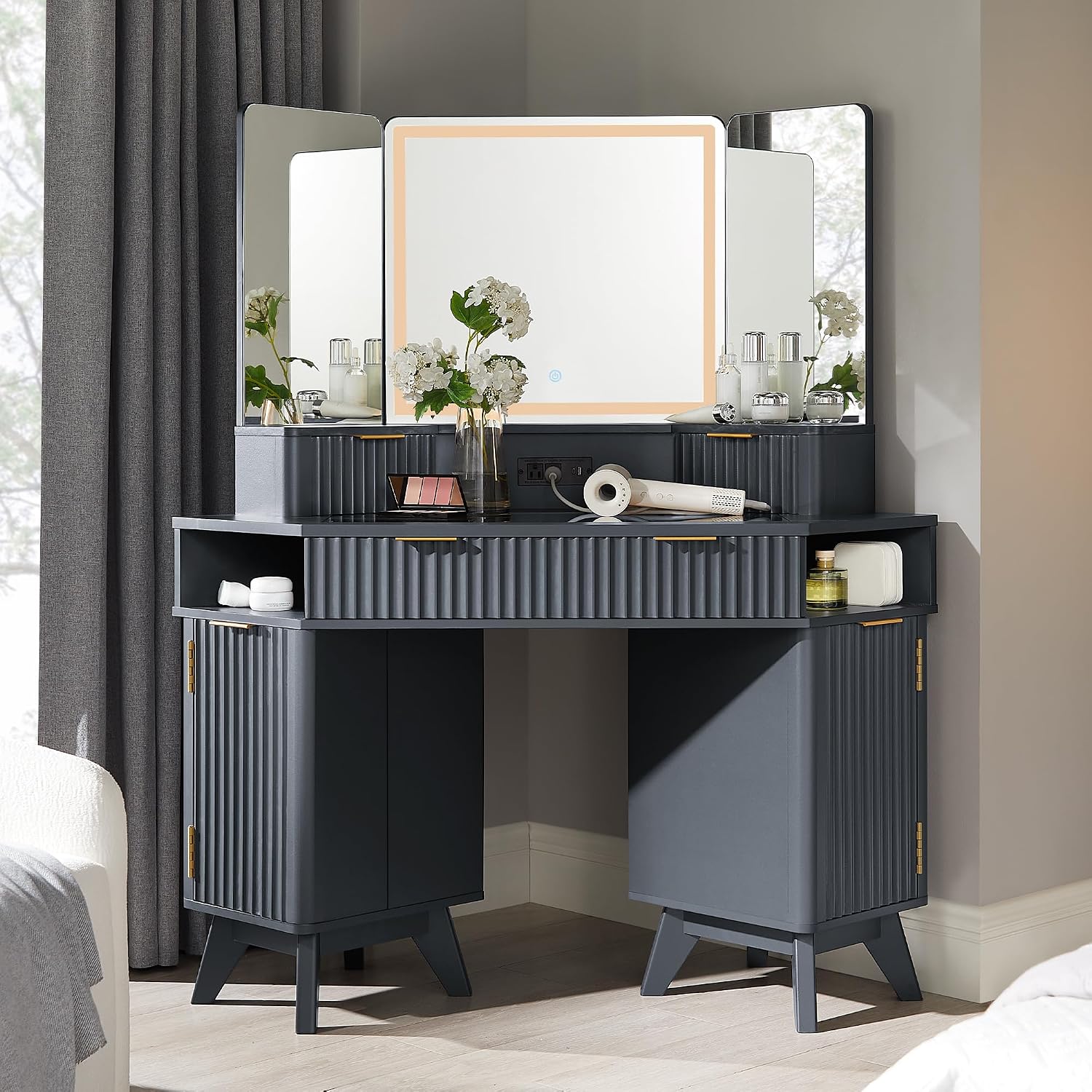 T4TREAM Fluted Makeup Vanity Desk with 3 Way Mirror and Lights, 48' Large Corner Vanity Table with Glass Top, Charging Station, 3 Drawers, Storage Cabinets & Shelves, for Bedroom, Dark Grey
