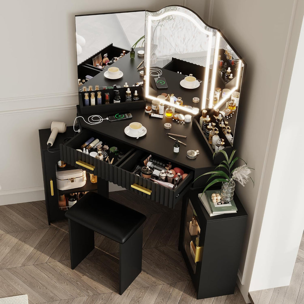 Corner Vanity Desk with 3 Way Mirror & LED Lights, Makeup Table Set with Charging Station, Storage Drawers & Side Cabinets, Modern Bedroom Dressing Table for Women & Girls Birthday Gift