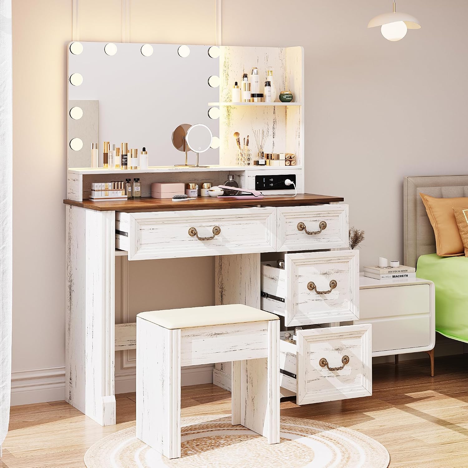 Lareth Farmhouse Vanity Desk with Lighted Mirror & Power Outlet, 39 inch Rustic Makeup Vanity Table with Drawers and Stool, Hollywood Mirror with Lights, White Dressing Table for Women Girls Gifts